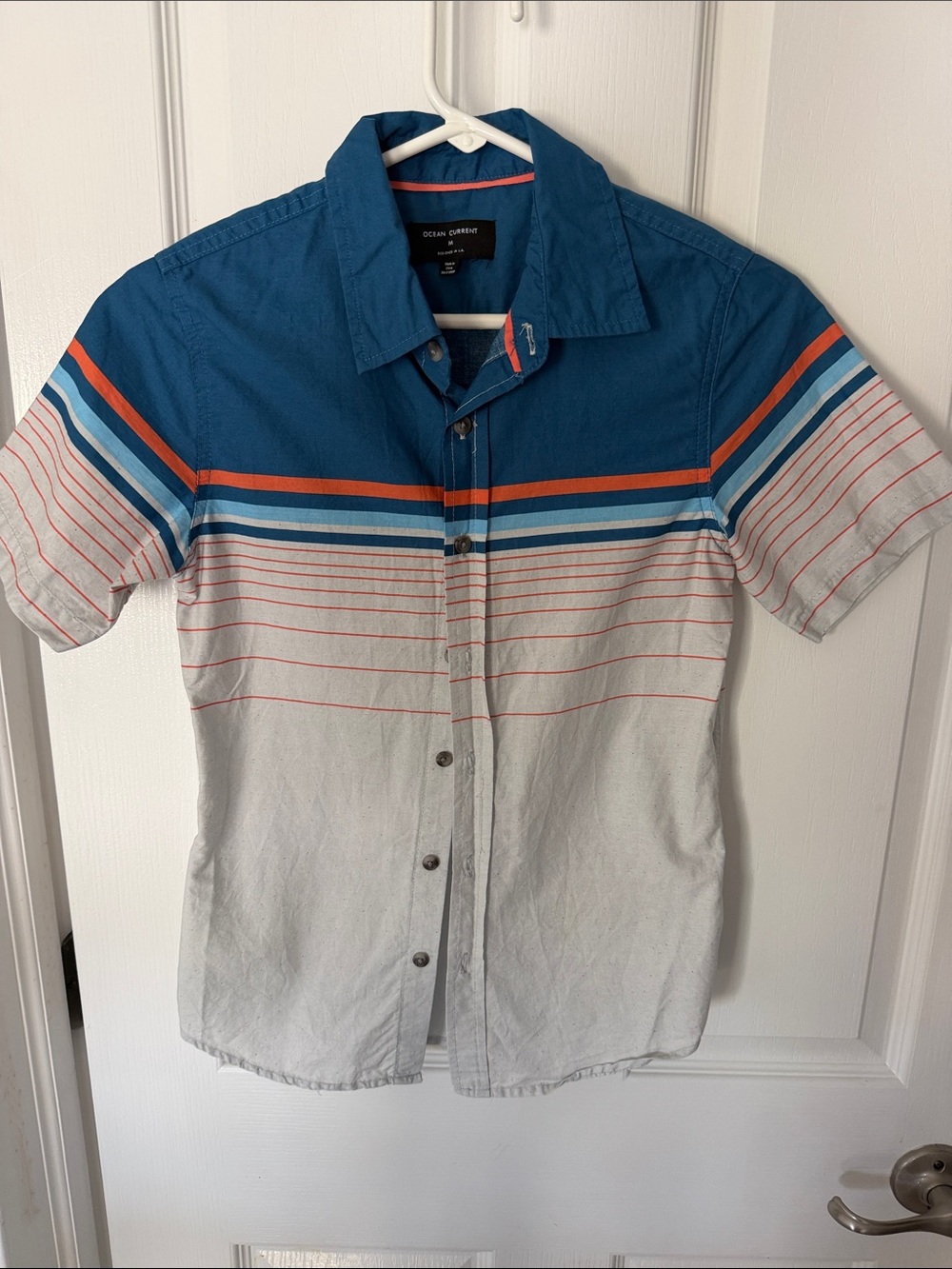 Ocean Current Teal & Light Gray Short Sleeve Button-Up with Orange Stripe